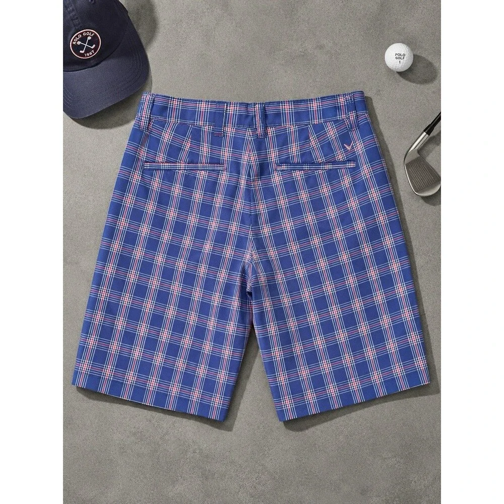 Callaway Golf Men’s Blue Plaid Flat Front Shorts 30 Pockets Belt Loops Logo